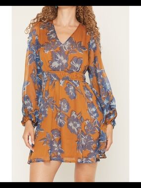 Shyanne Womens Small Floral Boho Mini Dress Long Sleeve V Neck Western Flowy
